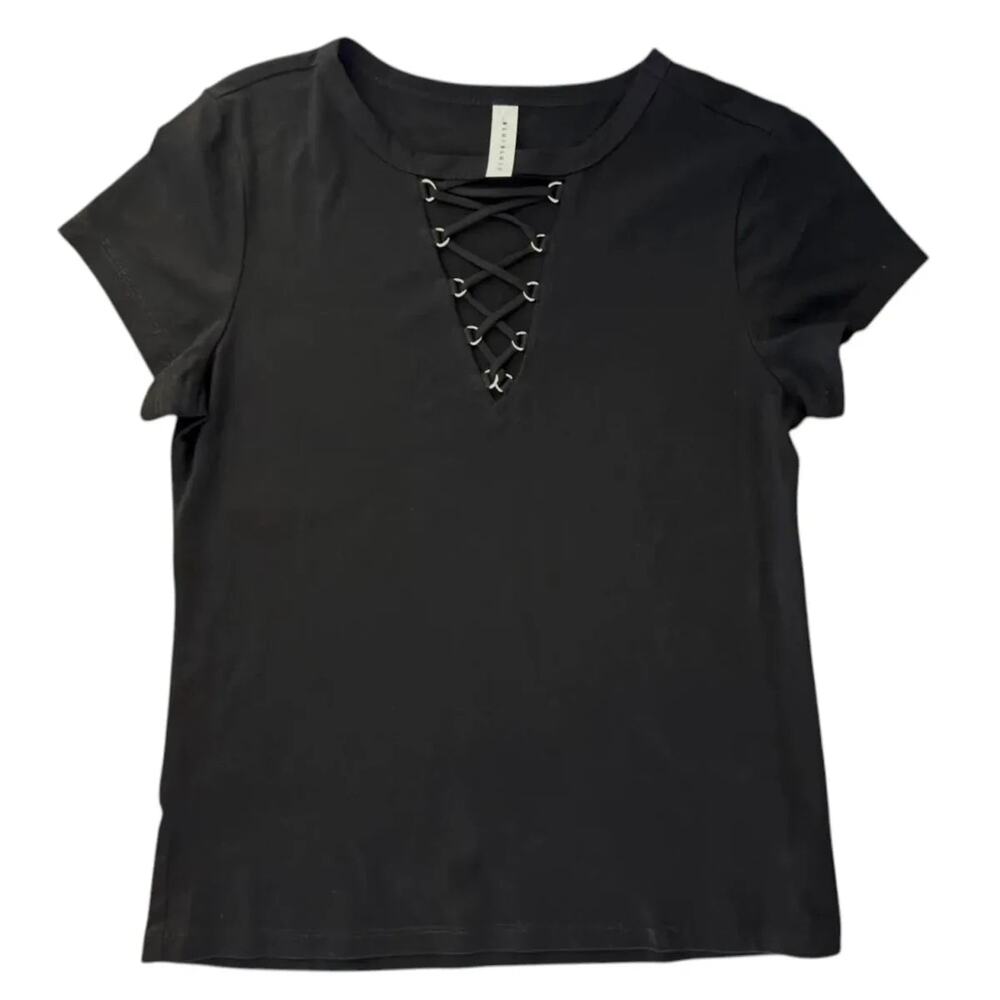 Blue Blush Black Lace-Up V-Neck T-Shirt